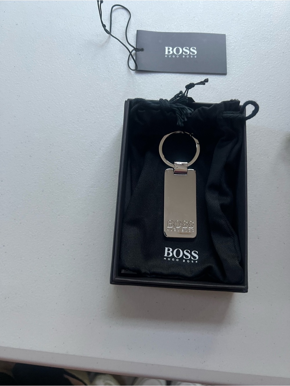 Boss Silver Rectangular Logo Keyring